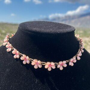 ❤️❤️PINK FLOWER Lucite Rhinestone Link Gold CHOKER NECKLACE